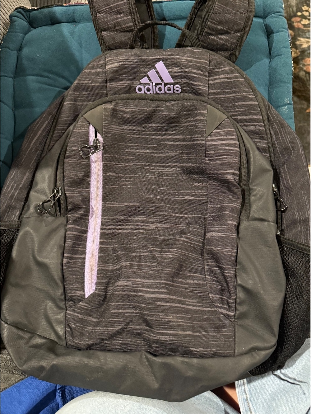 Adidas Black and Gray Patterned Backpack with Purple Logo and Zipper